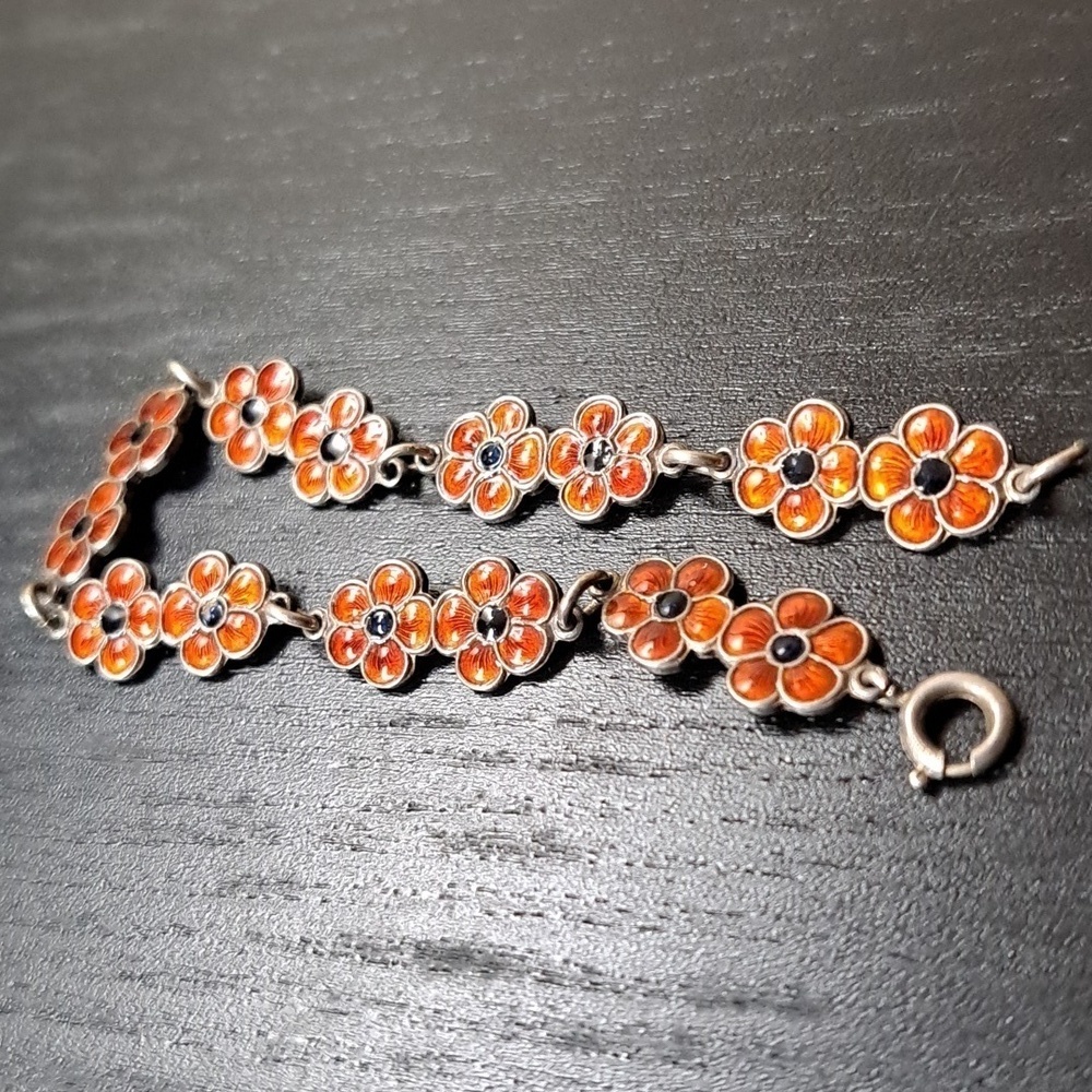 Vintage MEKA Sterling Silver and Enamel flower bracelet